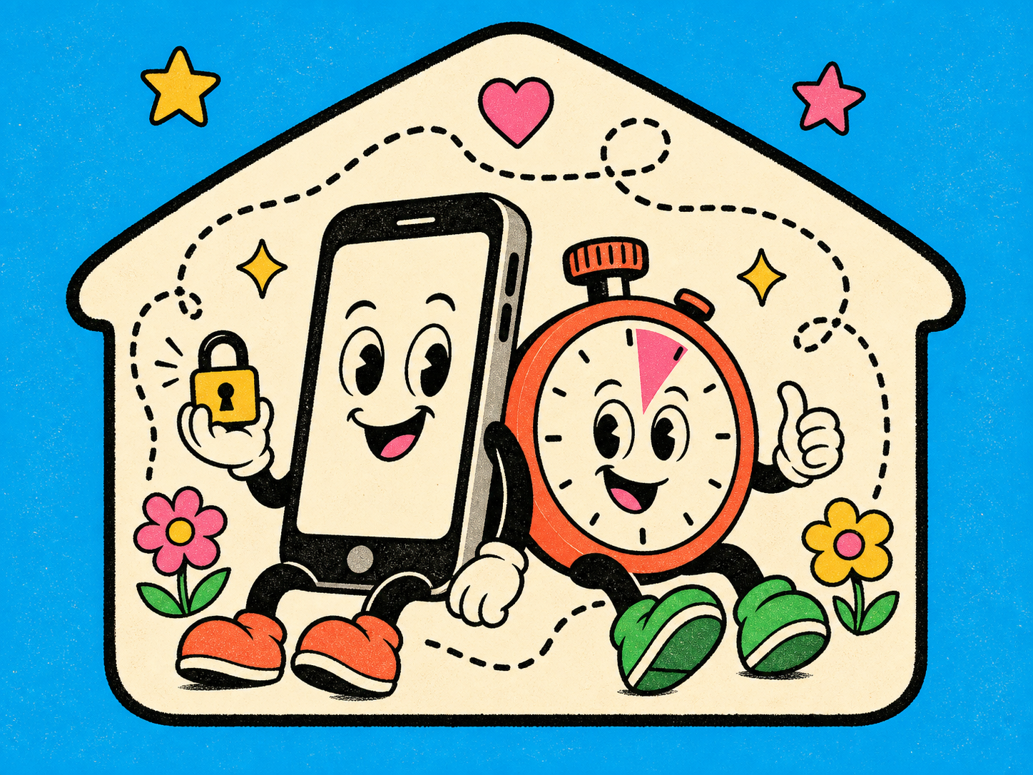 A friendly phone and stopwatch keeping a timer safely at home